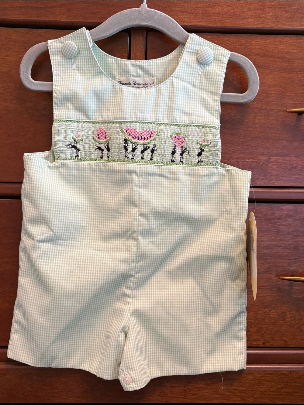 NWT Smocked Watermelon Shortall Amanda Remembered Green Gingham 12m